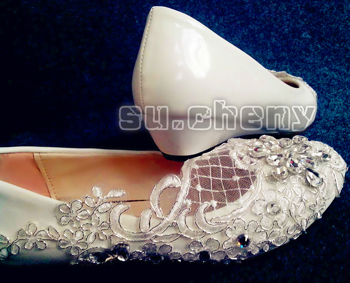 su.cheny- Lace white ivory crystal flats low high heel pump Wedding Bridal shoes