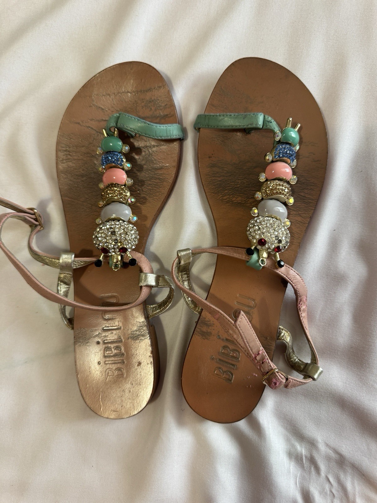 BibiLou Beaded Rhinestone Thong Sandals Gold Pink Green Multicolor
