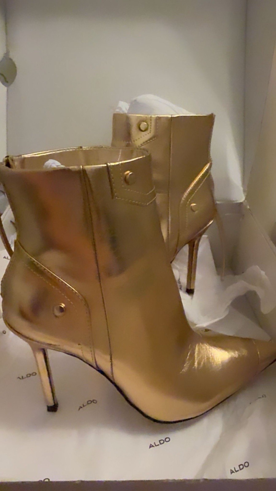 ALDO Nilita Metallic Gold Leather Pointed Toe Studded Zip Women’s Ankle Bootie