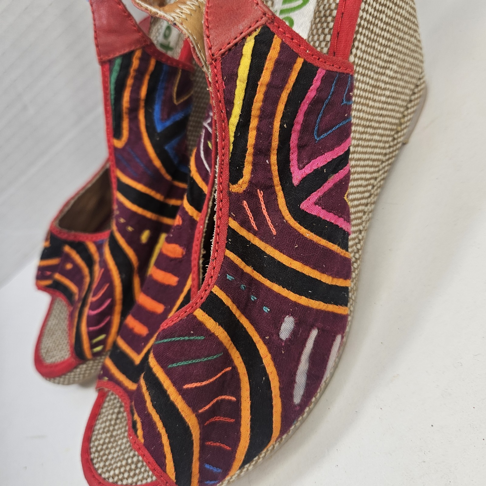 Motalas Handmade Wedge Sandals Size 38 Colombia Tribal Textile Leather Boho 7.5