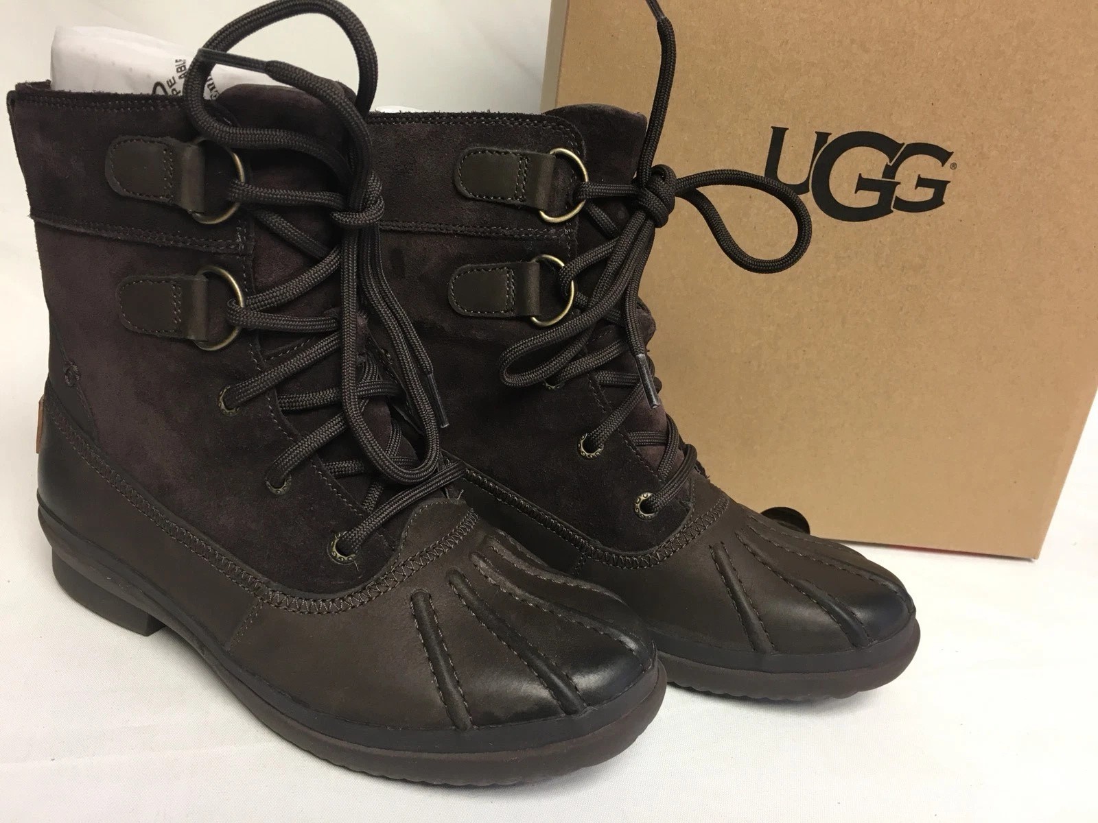 UGG AZARIA Stout Brown LEATHER SHEEPSKIN WATERPROOF DUCK BOOTS 1017380 Size 5