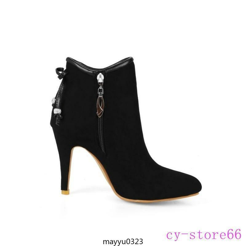 Women‘s Ankle Boots Bowtie High Stiletto Heel Pointy Toe Suede Shoes Plus Sz