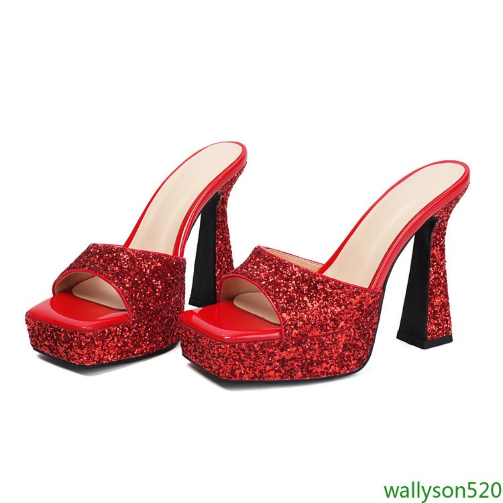 Women’s Glitter Open Toe Slip On Platform Flared Block Heel Mule Slide Sandals
