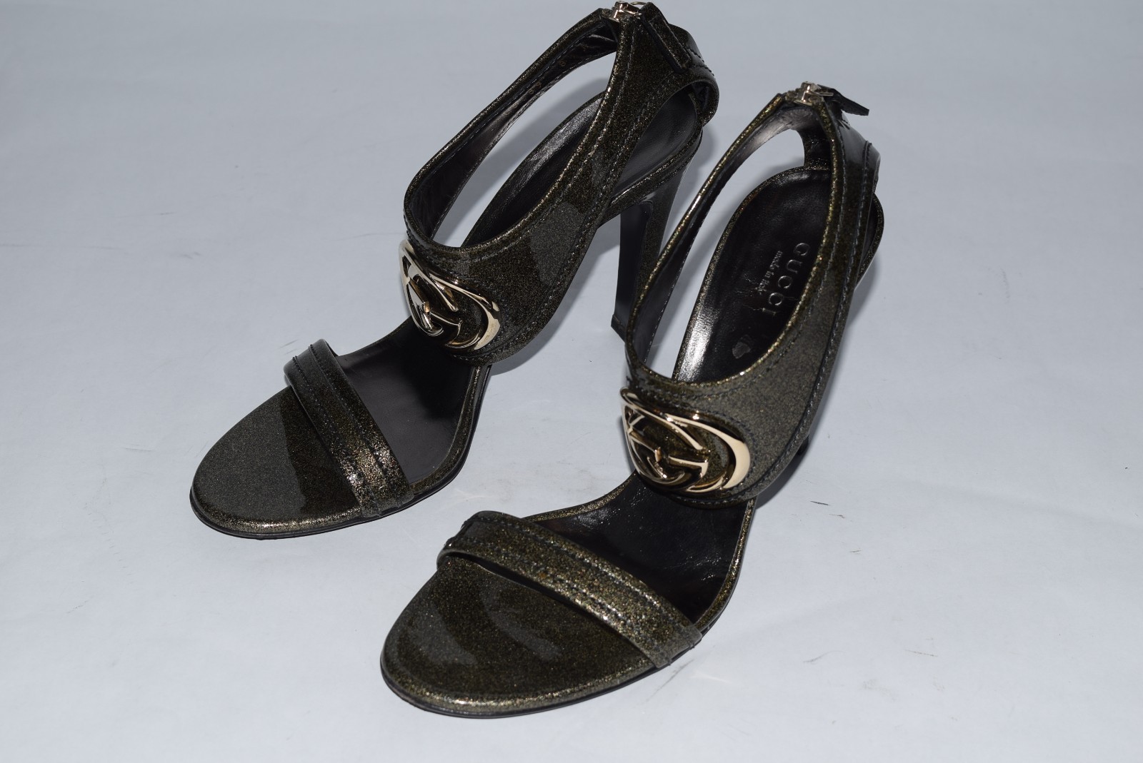 Vintage Gucci Glitter Logo Double G’s Leather Heels sz 38.5/8.5 Anthracite Black