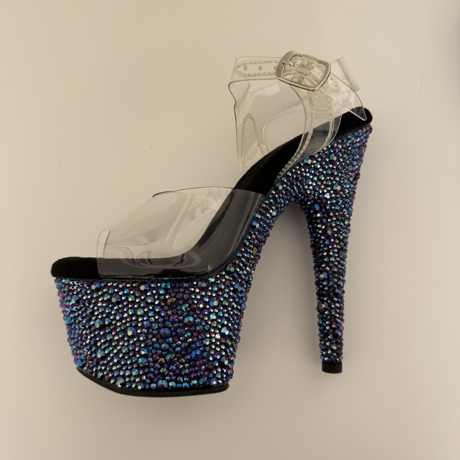 Pleaser Women’s Blue Rhinestone Platform Stiletto Heels Clear Strap 7.5