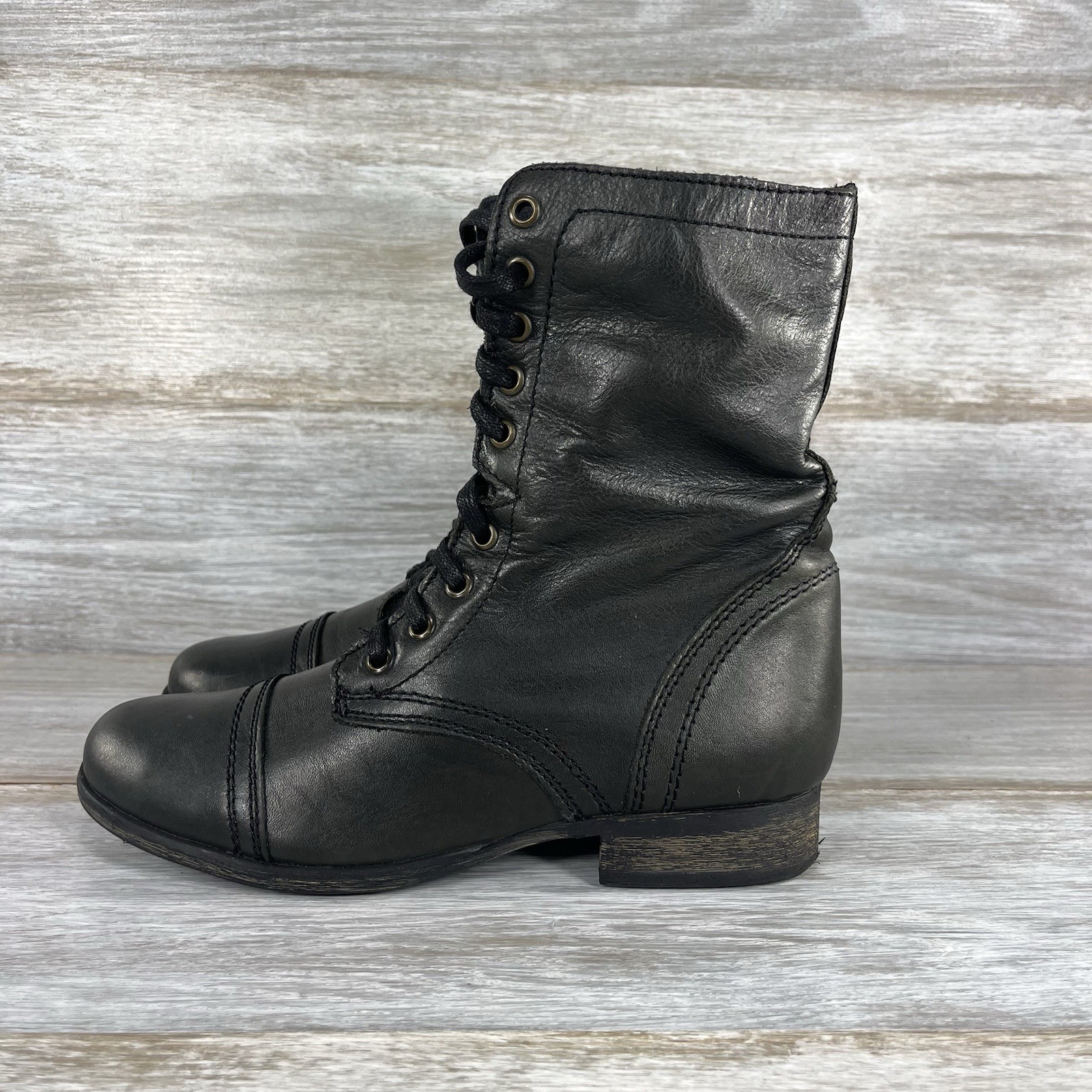 Steve Madden Women’s Troopa Black Leather Lace Up Combat Boots Size 7 M