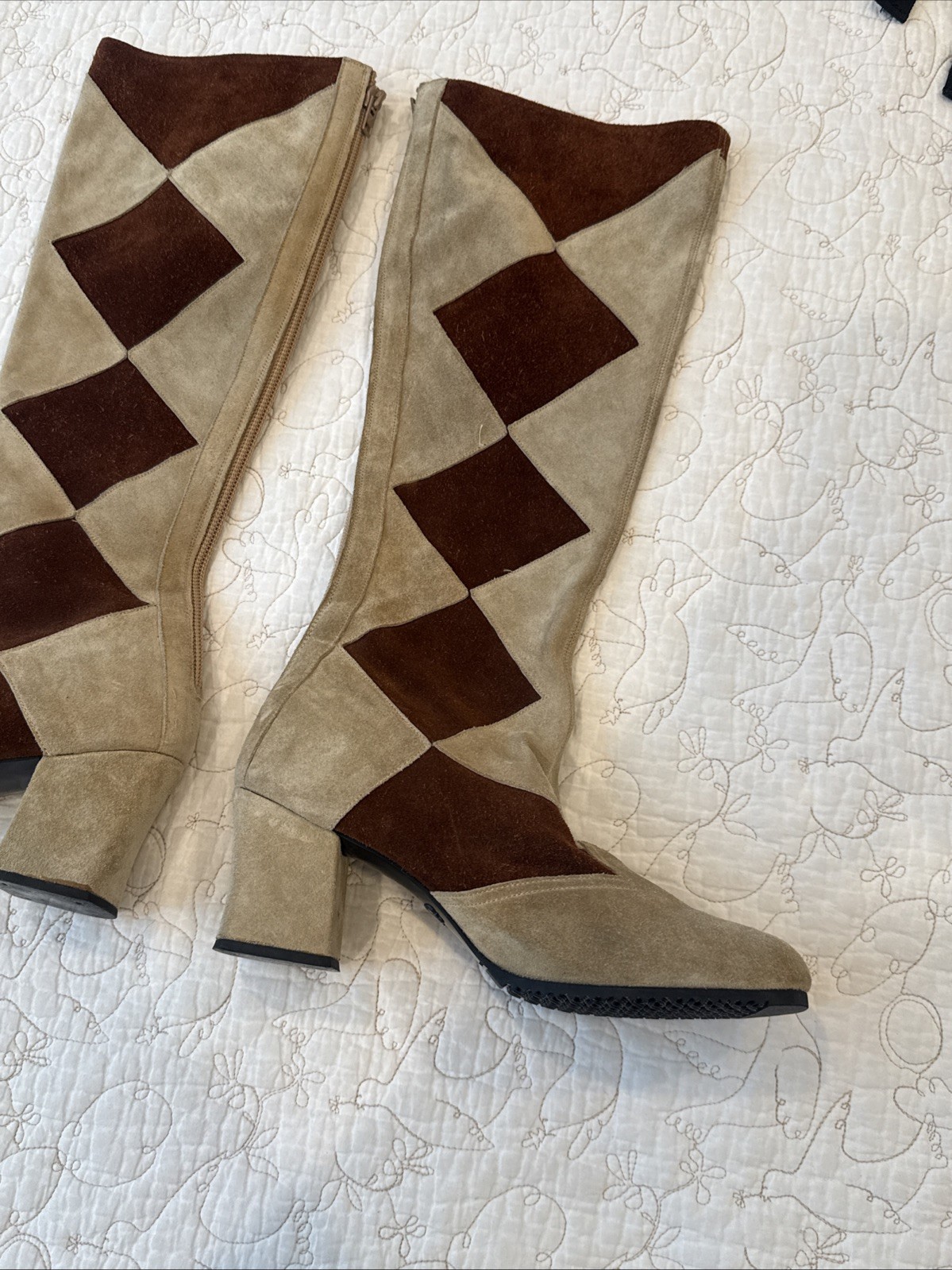 Vtg Flamenco Spain Suede Patchwork High Heel Boots Women’s 7.5 Brown Tan Leather