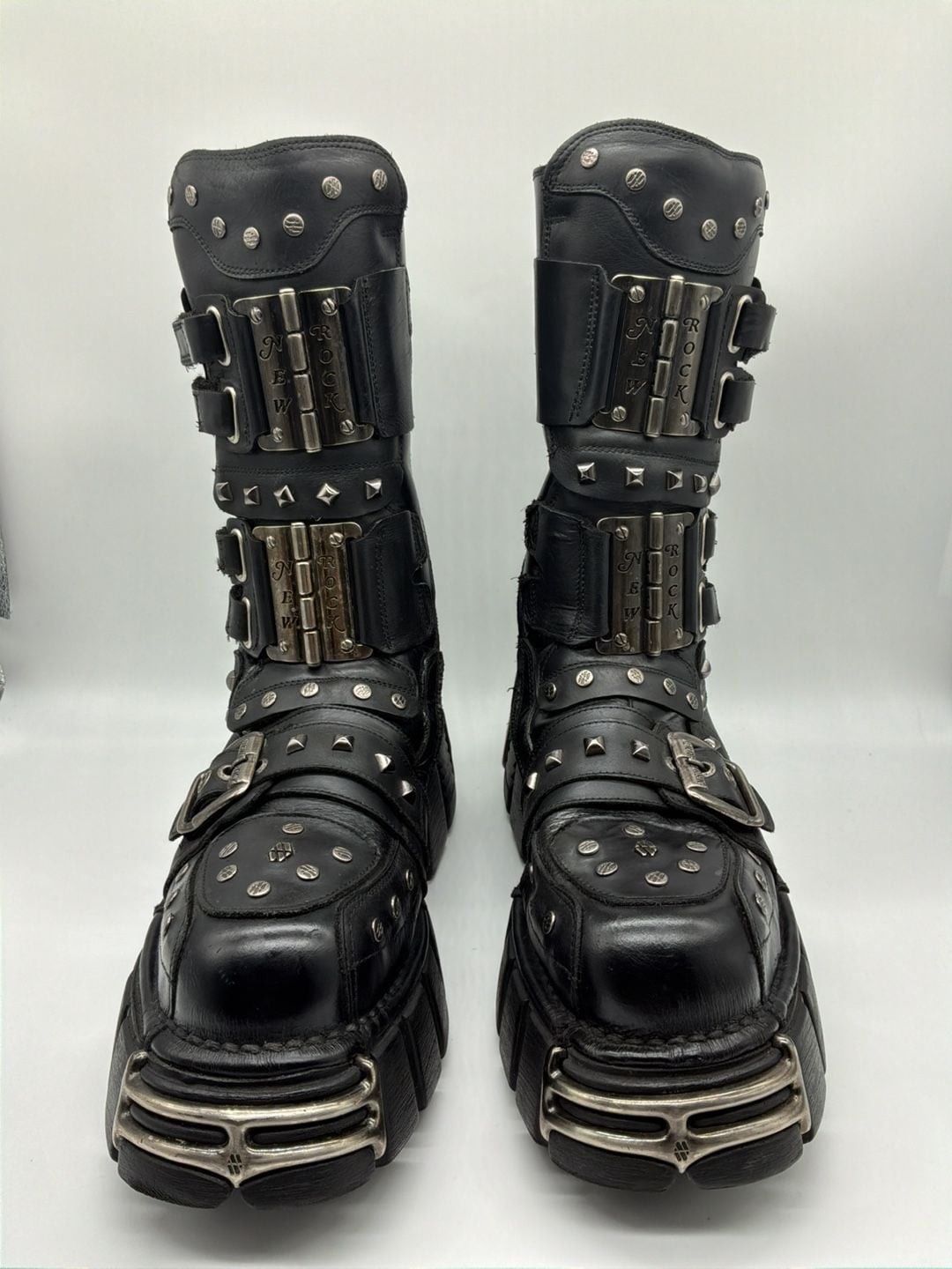 New Rock Reactor Metallic Platform Boots Black Leather Studded Buckle Biker Goth