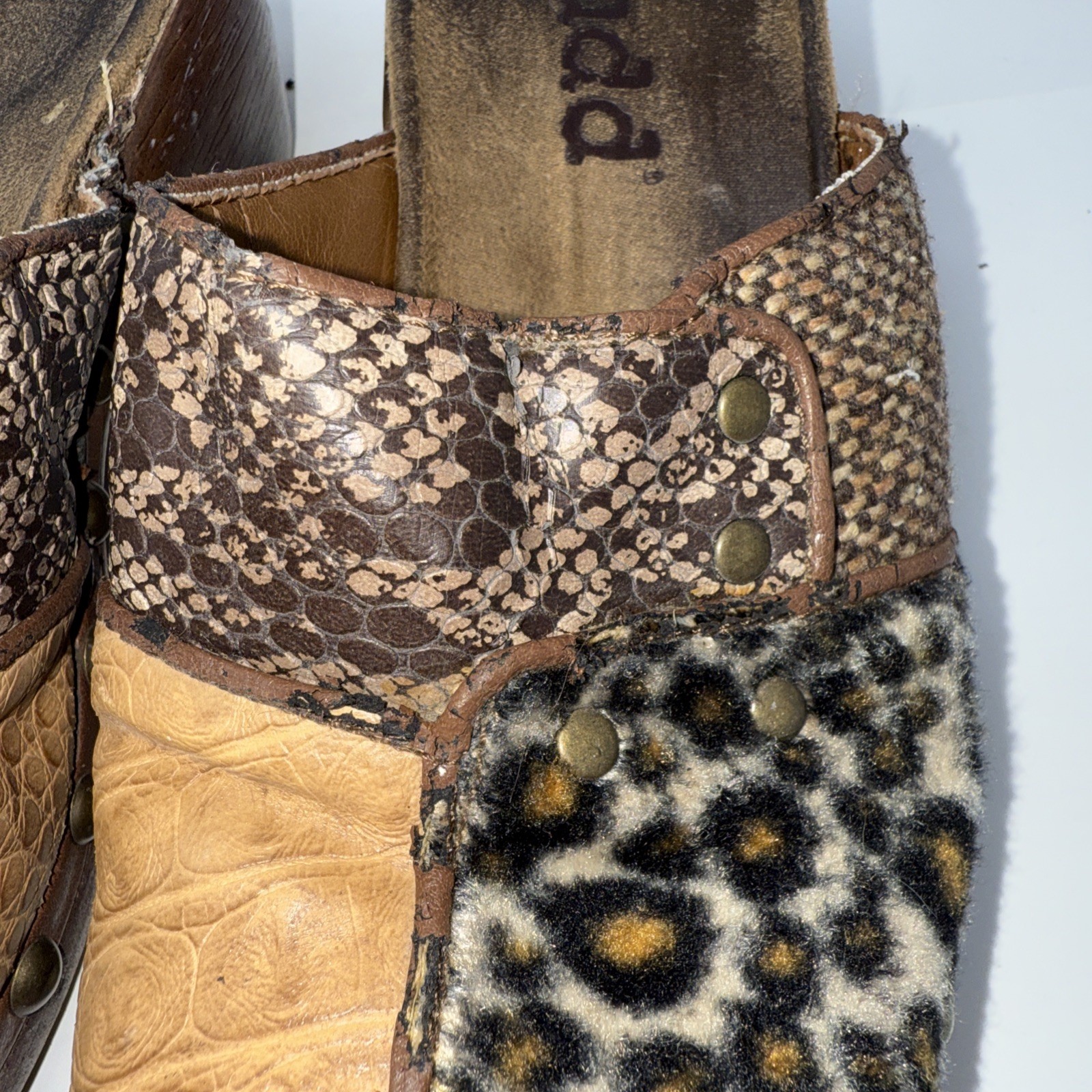 Vintage Y2k Mudd Cheetah Clogs 7 Patchwork Platform Chunky Block Heel WEAR Read