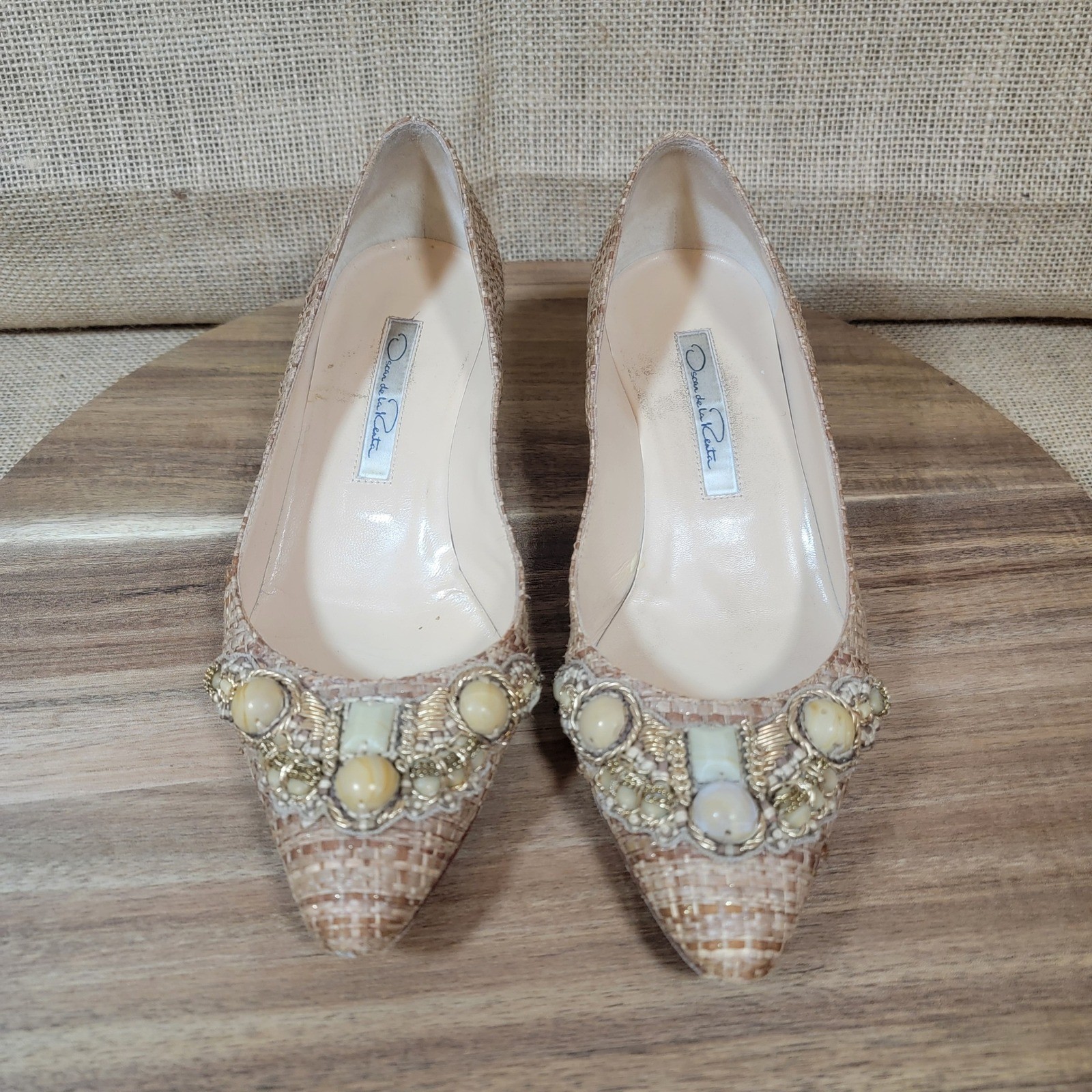 Oscar de la Renta Embellished Woven Kitten Heel Designer Shoes EU Size 35 US 5