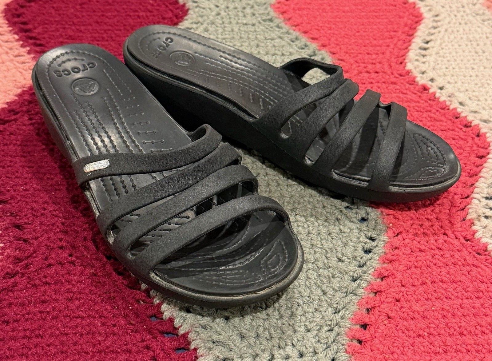 Crocs Rhonda Wedge Sandals Size 9 Slide Comfort Strappy Black Lightweight Straps