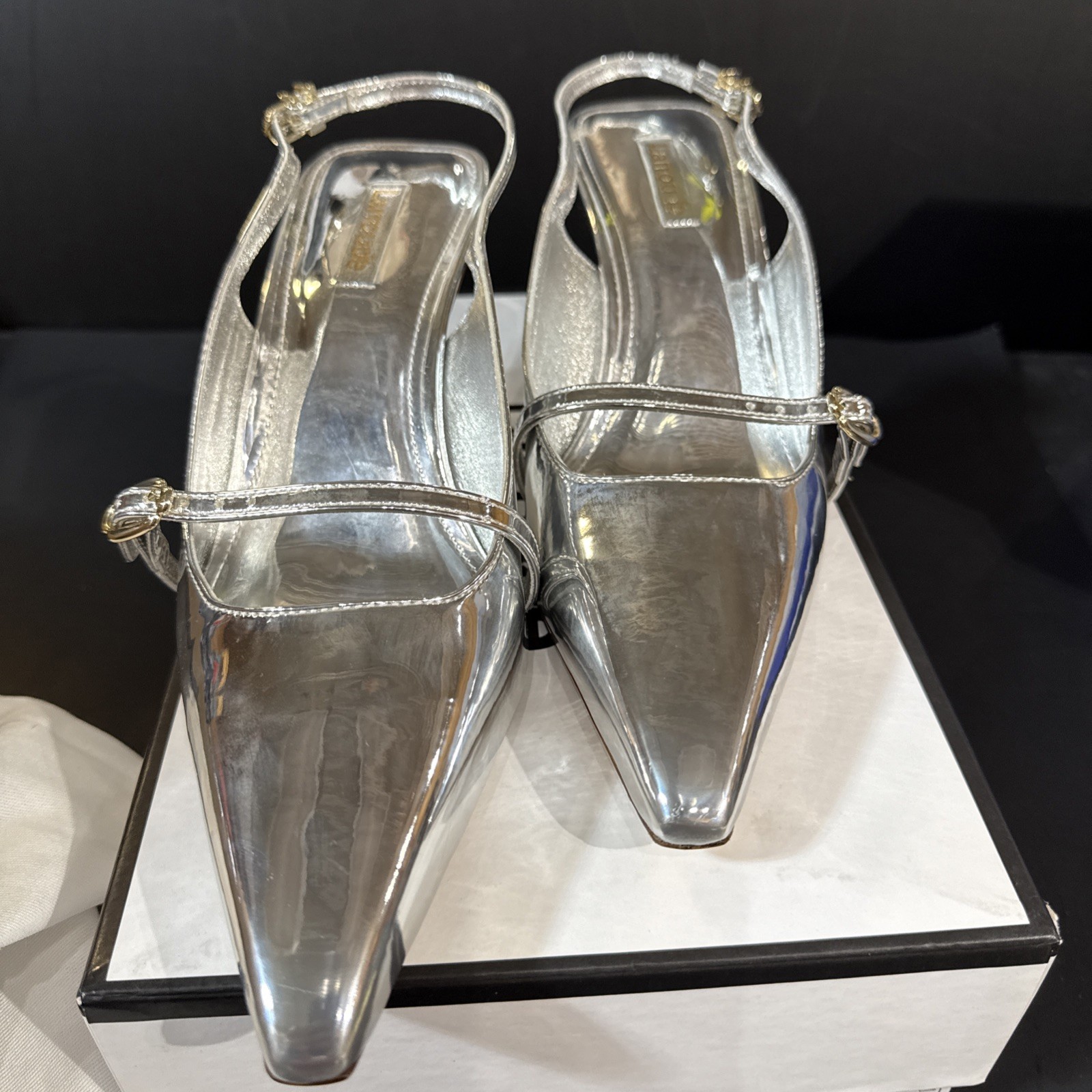 Larroudé Womens Ines Pump In Silver Specchio Pointy Toe Slingback Heel Sz 9 NIB