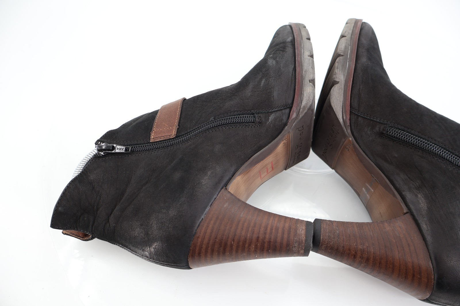 Paul Green Women’s Boot Size 9 Block Heel Black Nubuck Bootie Brown Strap