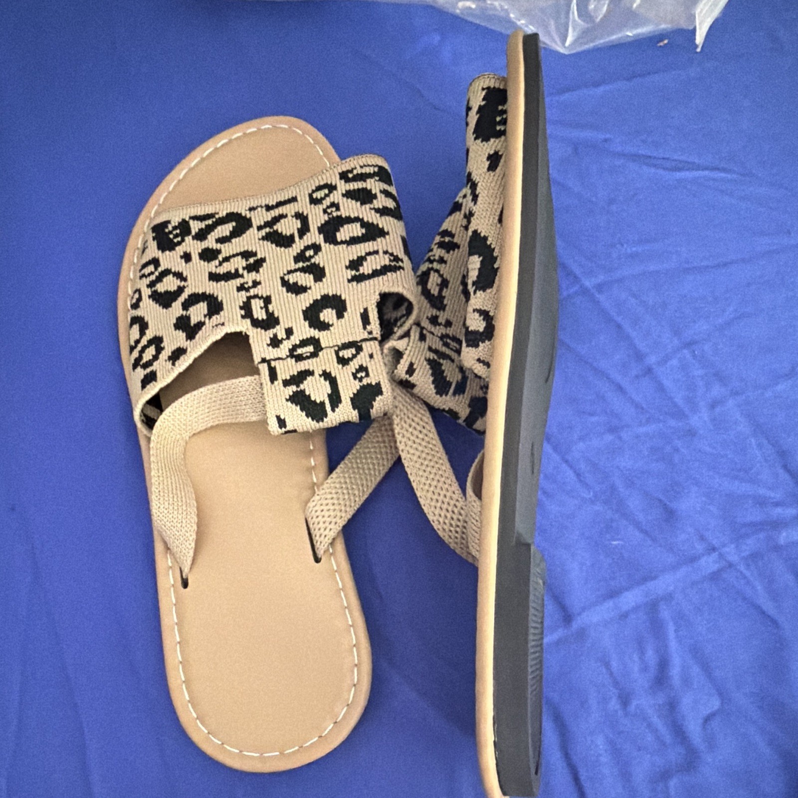 Women’s Beige/Black Leopard Print Strappy Slide Sandals Slip-On Bow US 7