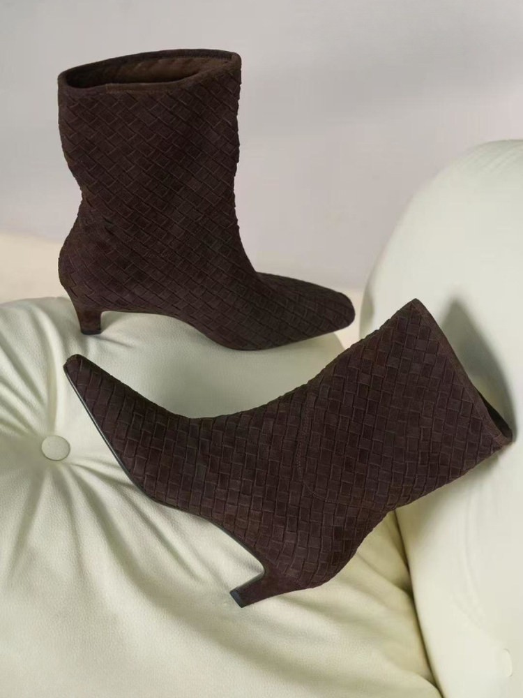 Womens Retro Sheepskin Suede Knitted Low Heels Mid Calf Ankle Boots Dress Shoes