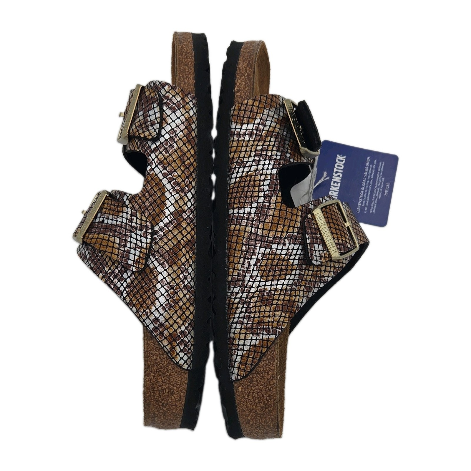 NWT Birkenstock Arizona Python Snakeskin Print Brown Gold Slide Sandals Size 11M