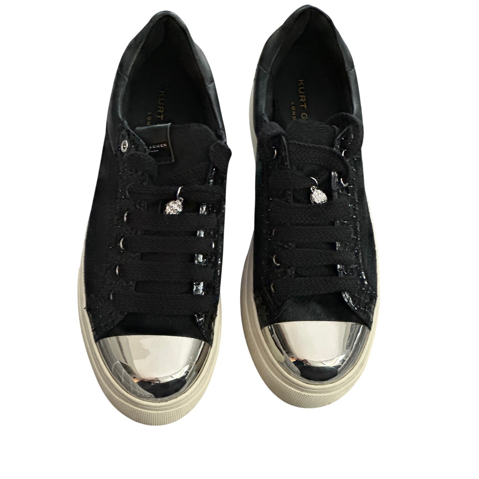 Kurt Geiger London Lana Black Calf Hair Metallic Cap Toe Platform Sneakers 12