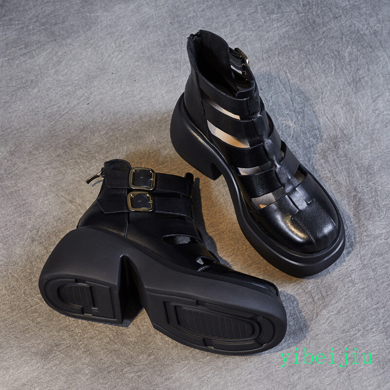 Vintage Womens Roman Gladiator Ankle Boots Real Leather Comfort Shoes Thick Sole