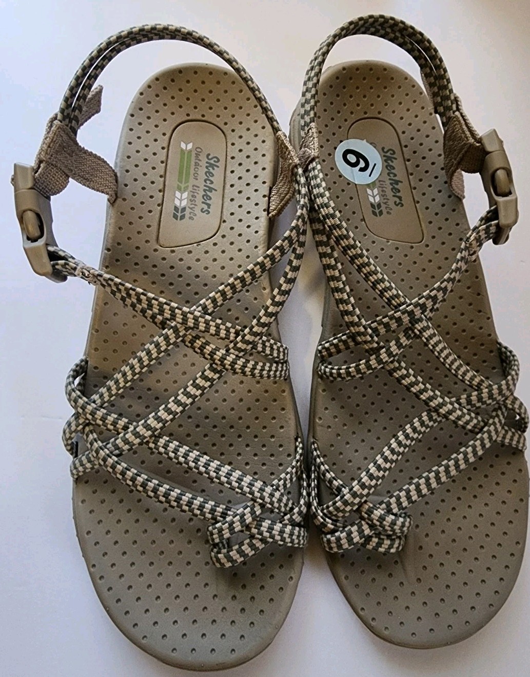Skechers Reggae Positive Space Womens Size 9 Strappy Sandals Buckle Green Tan