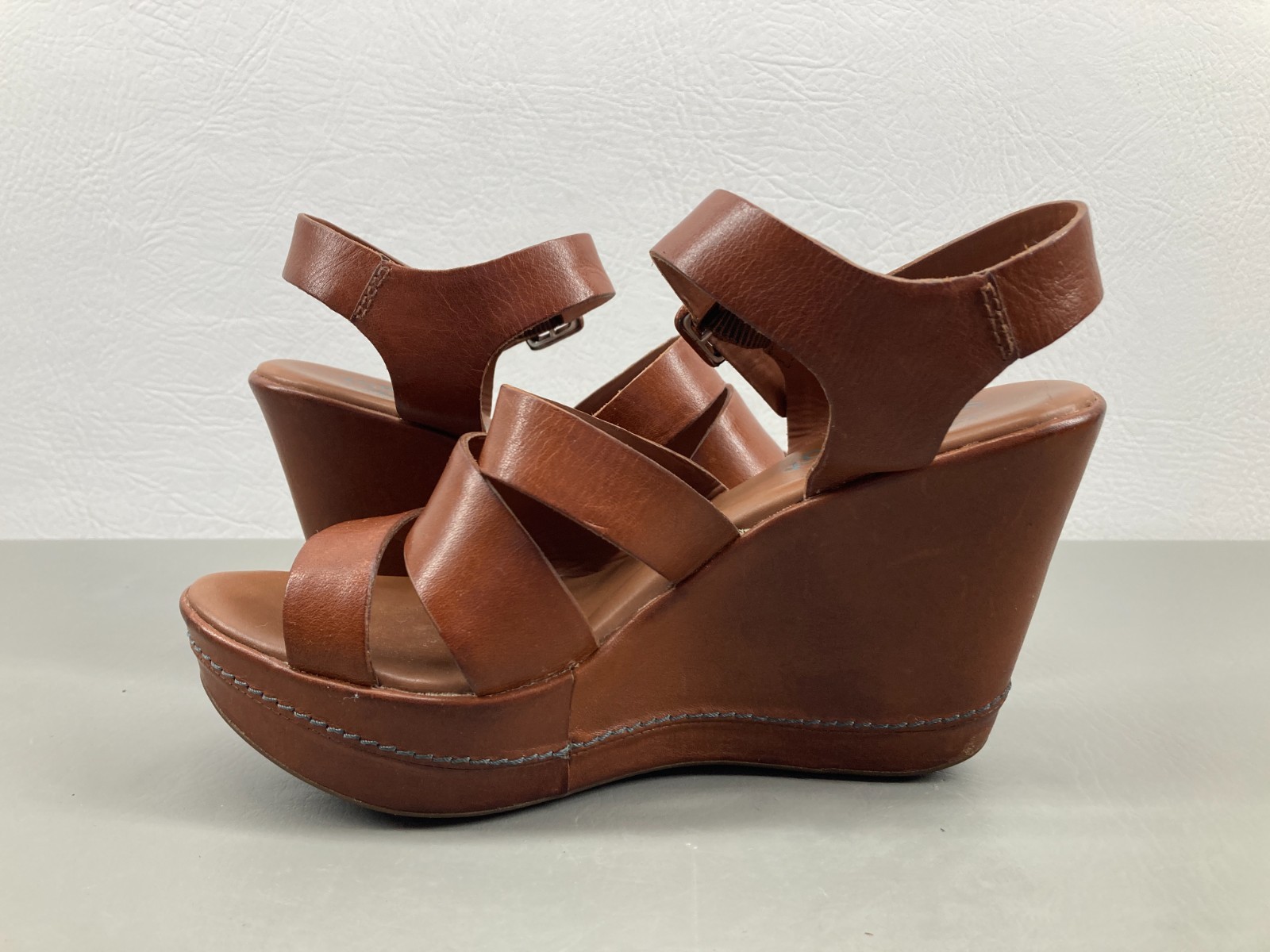 Kork Ease Womens Wedge Sandals Size 6.5 Brown Leather Platform Ankle Strap
