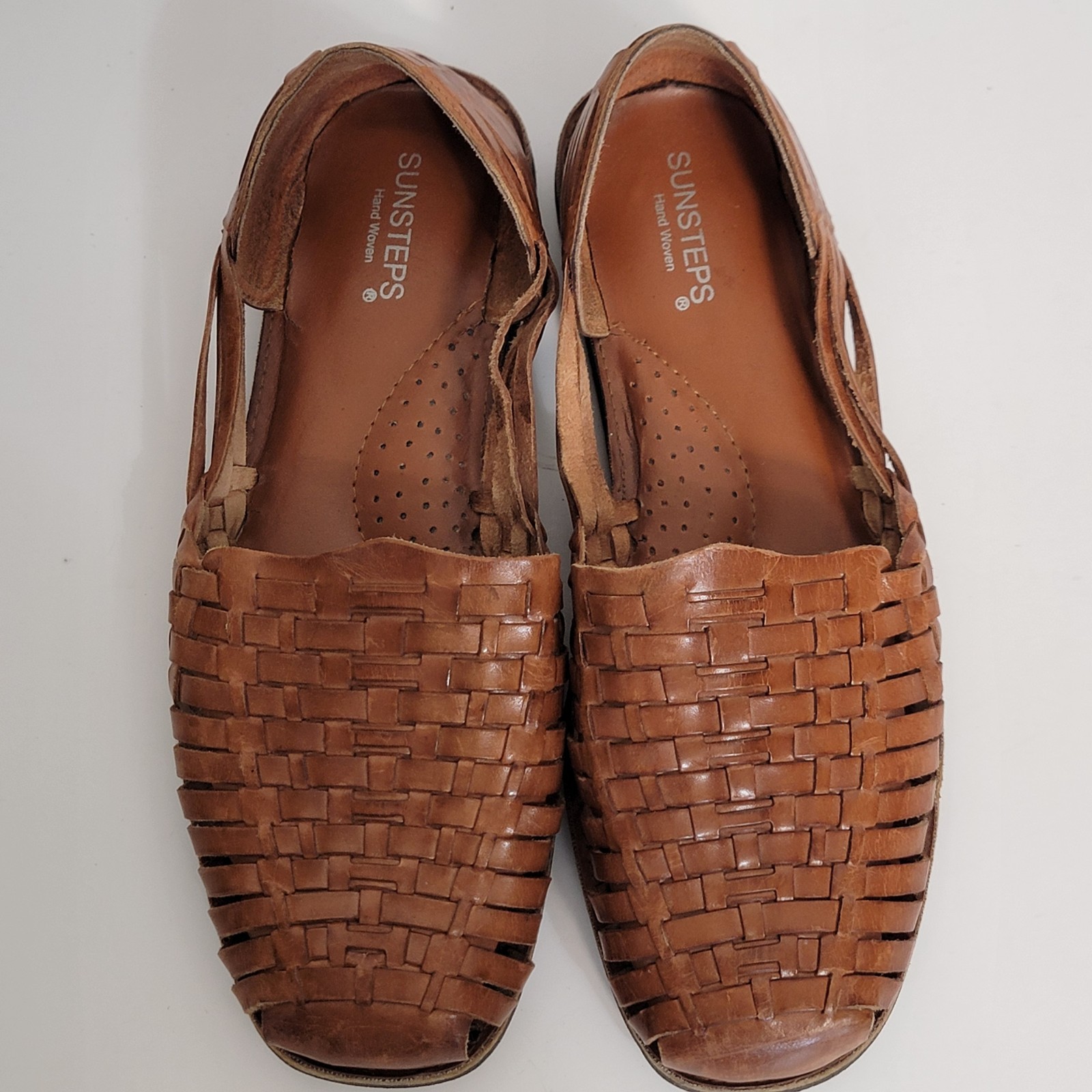 Sunsteps 100% Hand Woven Brown Leather Slip On Huarache Sandal Loafer Shoe 7.5