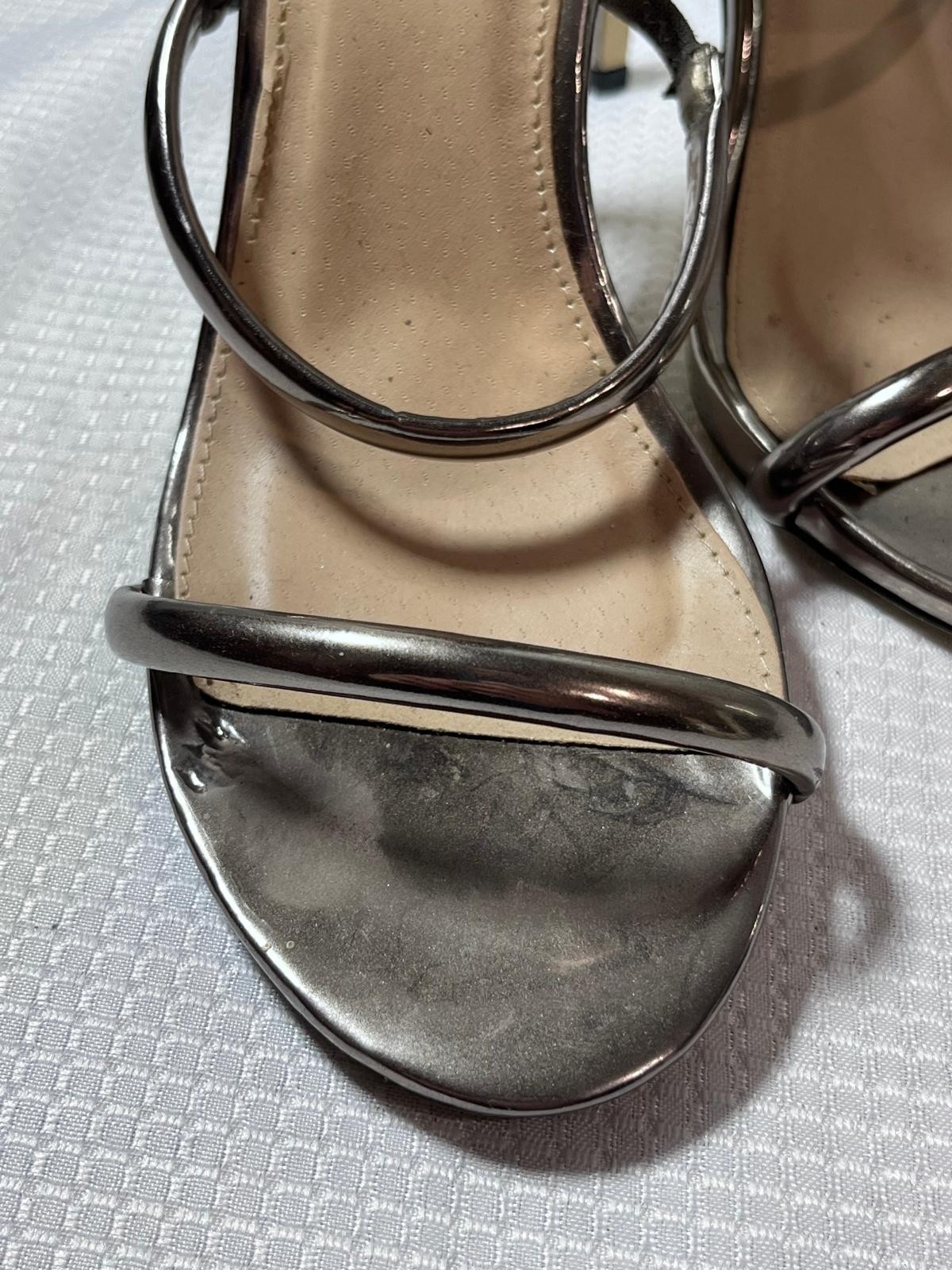 JustFab Sylvana Gunmetal Metallic Ankle Strap Stiletto Heels Sandals