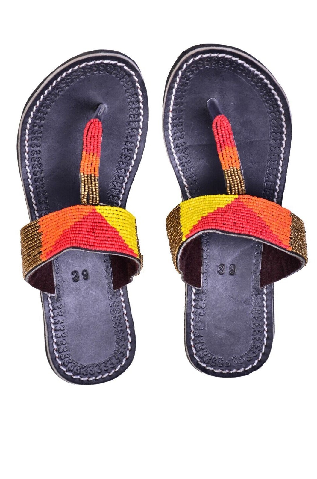 Beaded Women African Slippers Sandals Bohemian Summer Leather Masai Kenyan Gold
