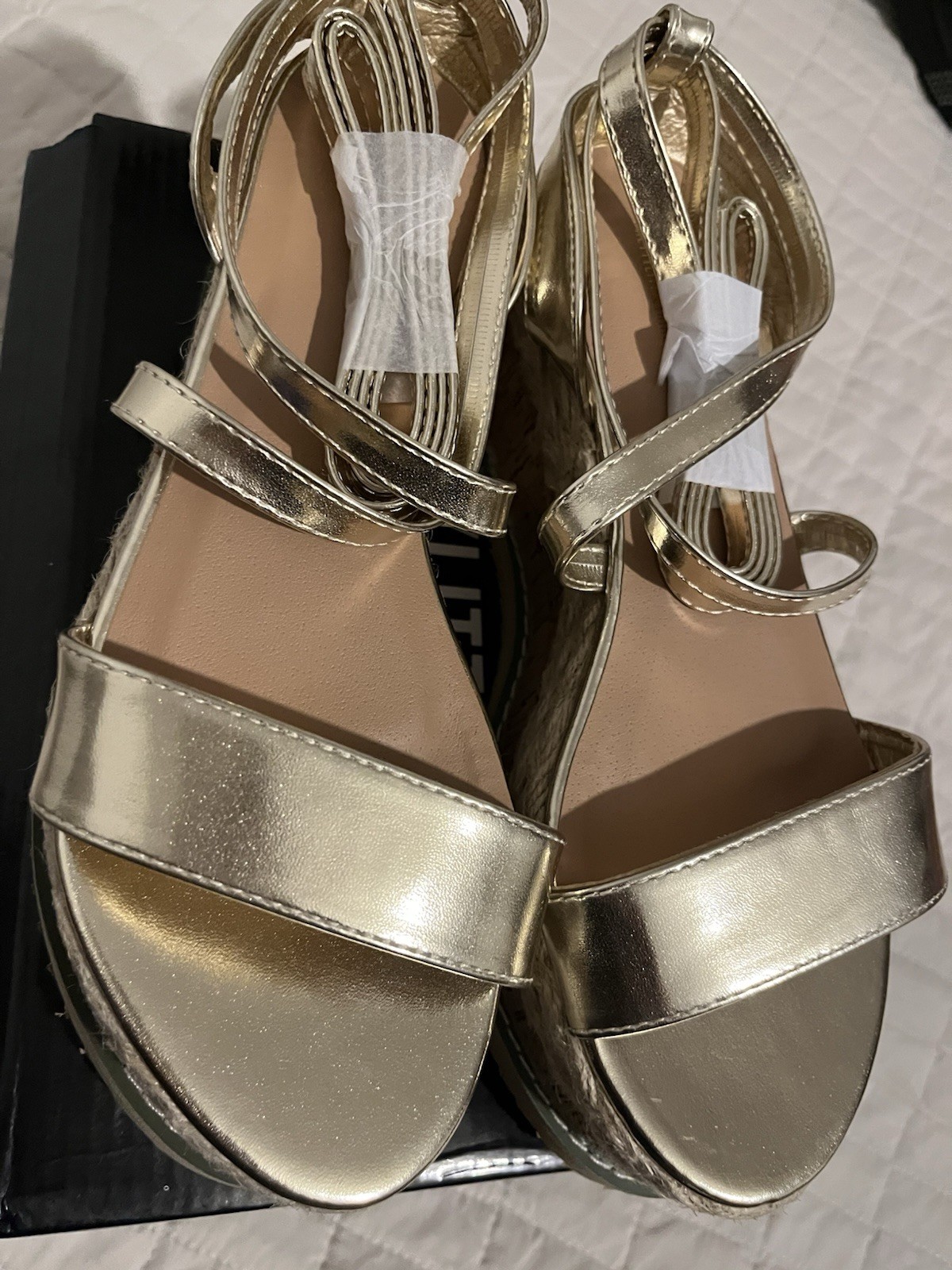PrettyLittleThing Gold Espadrille Lace-up Platform Sandals SZ 38 / US 7.5 NIB