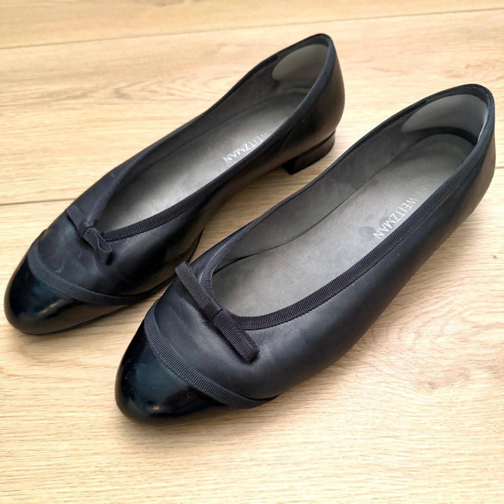 Stuart Weitzman Black Leather Cap Toe Ballet Flats Bow Womens Size 10.5 Spain