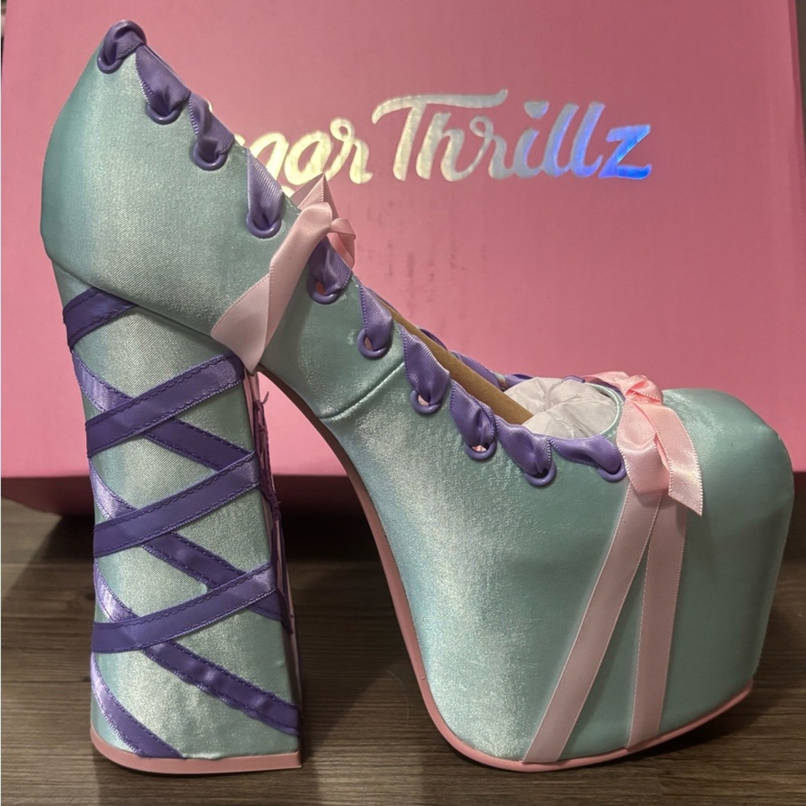 NIB Dolls Kill / Sugar Thrillz Blue & Pink Sweet Sonata Ballet Wrap Heels Size 7