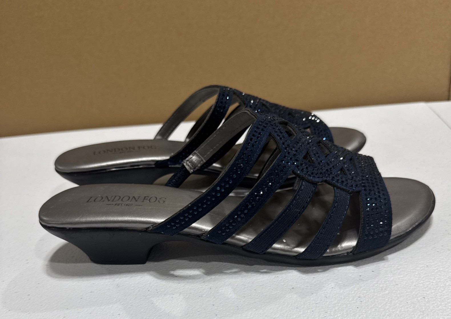 London Fog Ellie Navy Stones Slip On Shoes Mules Slides Sandals Low Heel Size 8