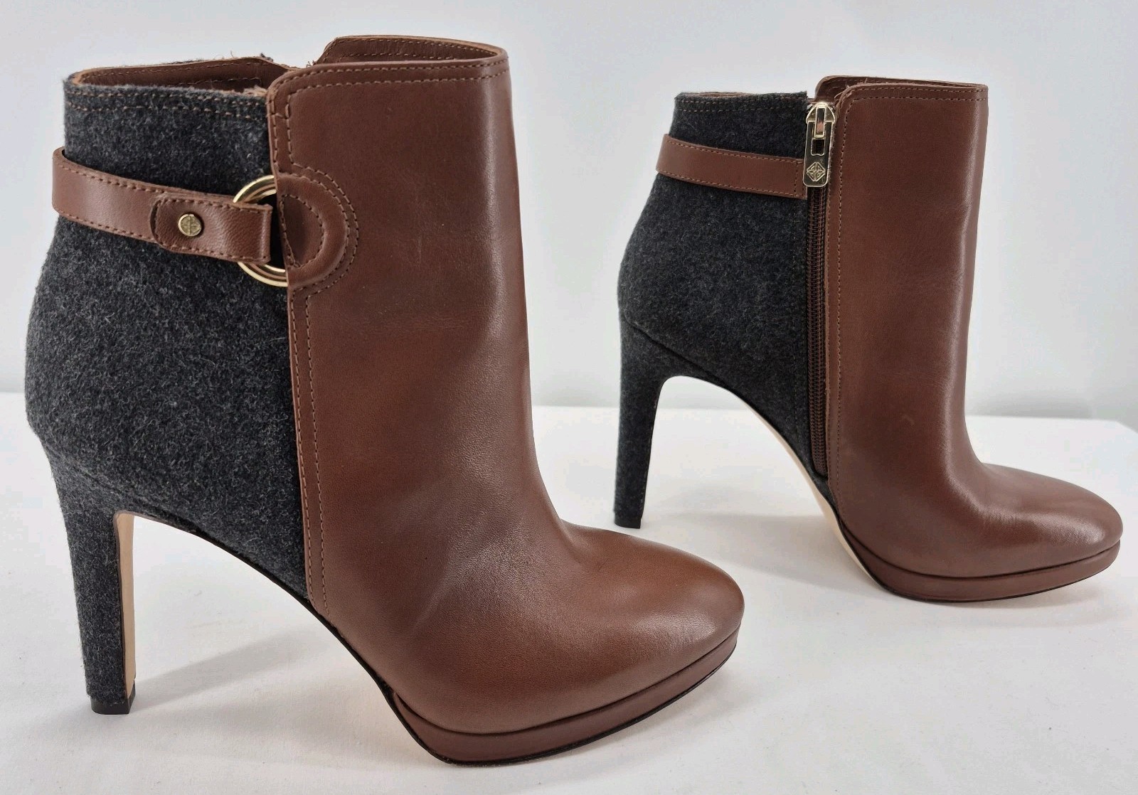 Antonio Melani Knightlee Brown Gray Leather Fabric Ankle Booties Women’s 8.5M