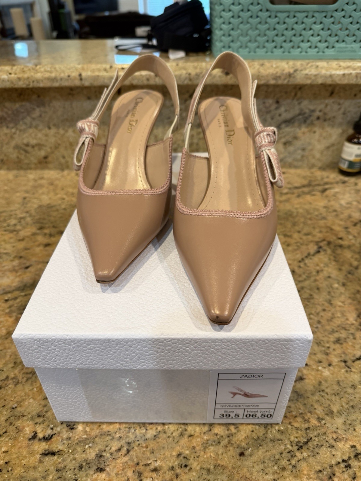 Dior Beige Leather Pointed Toe Slingback Kitten Heels Bow Accent US 9.5