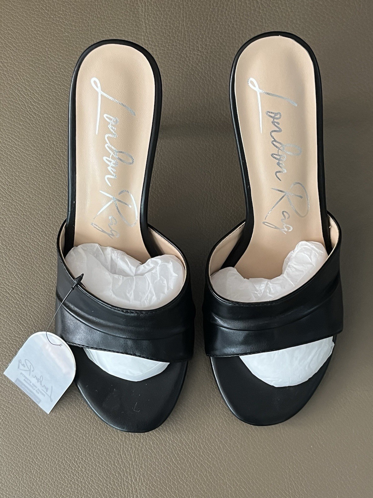 London Fog “3rd Divorce” Black Open Toe High Heel Slides Round Toe Size 8 BNIB
