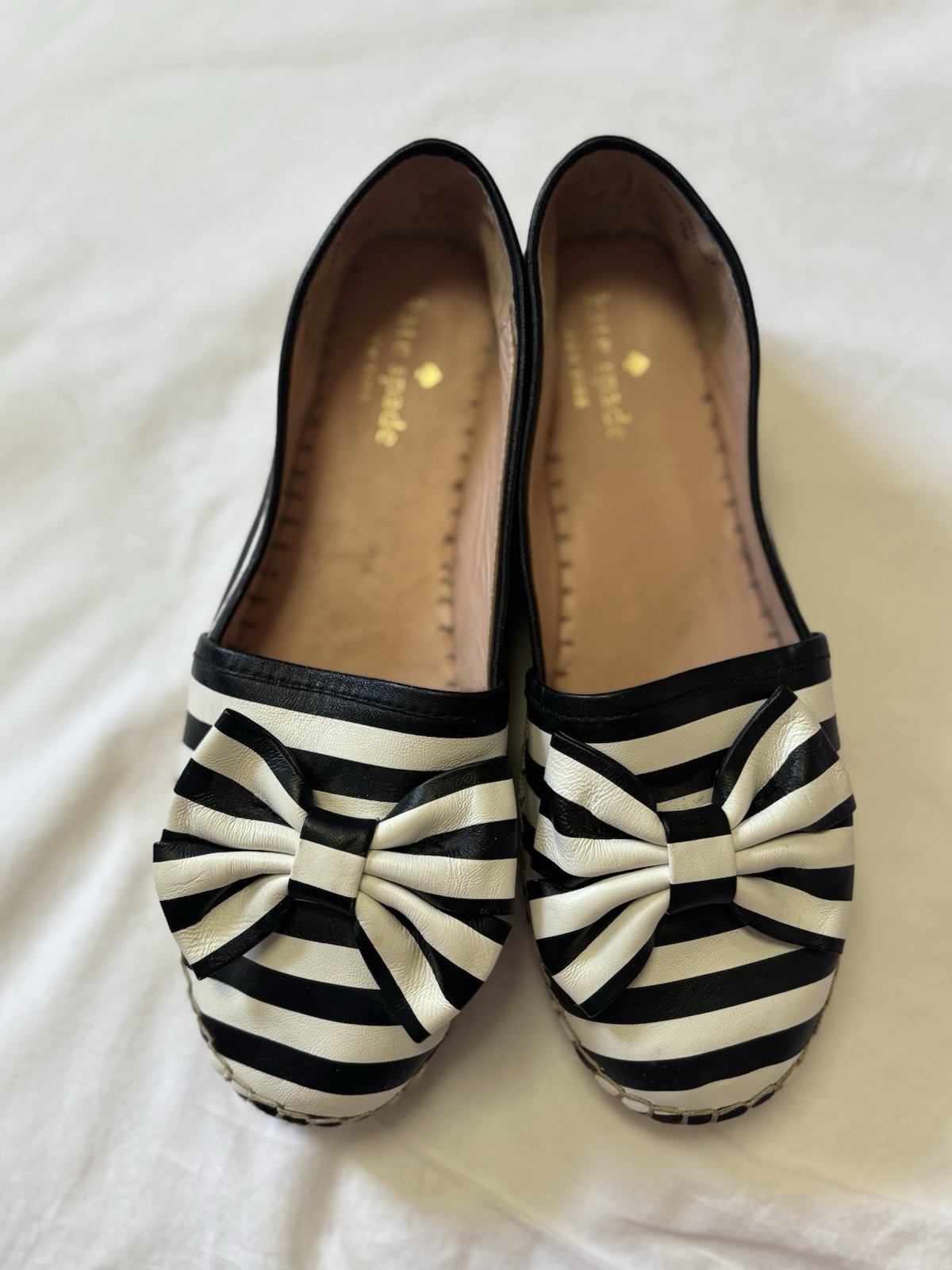 kate spade new york Black & White Striped Bow Espadrille Flats Slip On 7