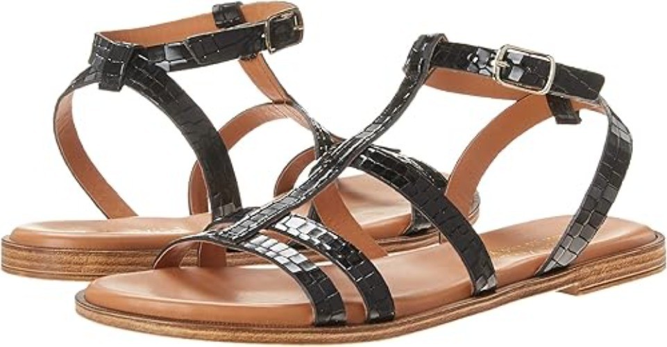 Bella Vita Women’s Flat Strappy Sandal Black Croco Italian Leather Size 8.5 Wide