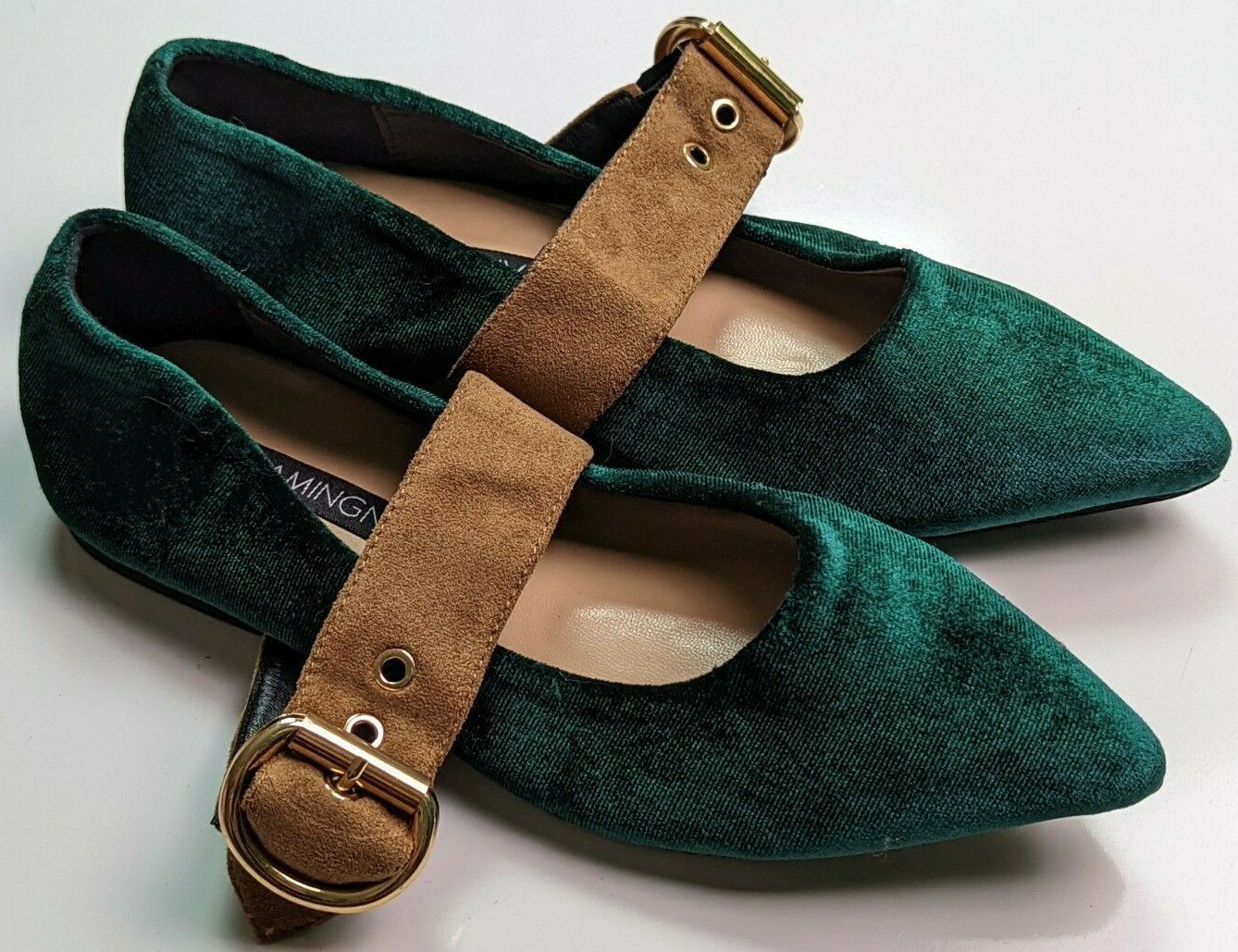 MEIJIAMINGNV Emerald Green Fabric Mary Jane Flats Brown Strap Size 230 US 6