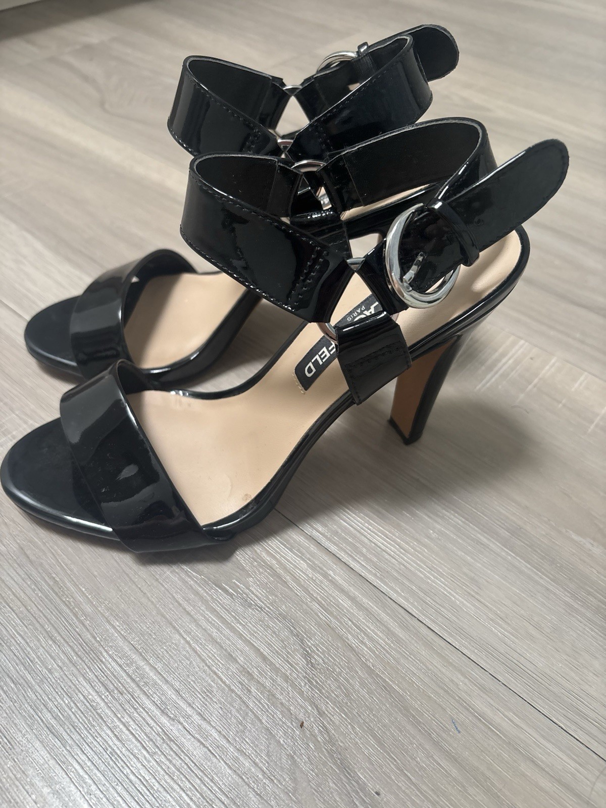 Karl Lagerfeld Paris Women’s Black Patent Strappy Ankle Strap Stiletto 7