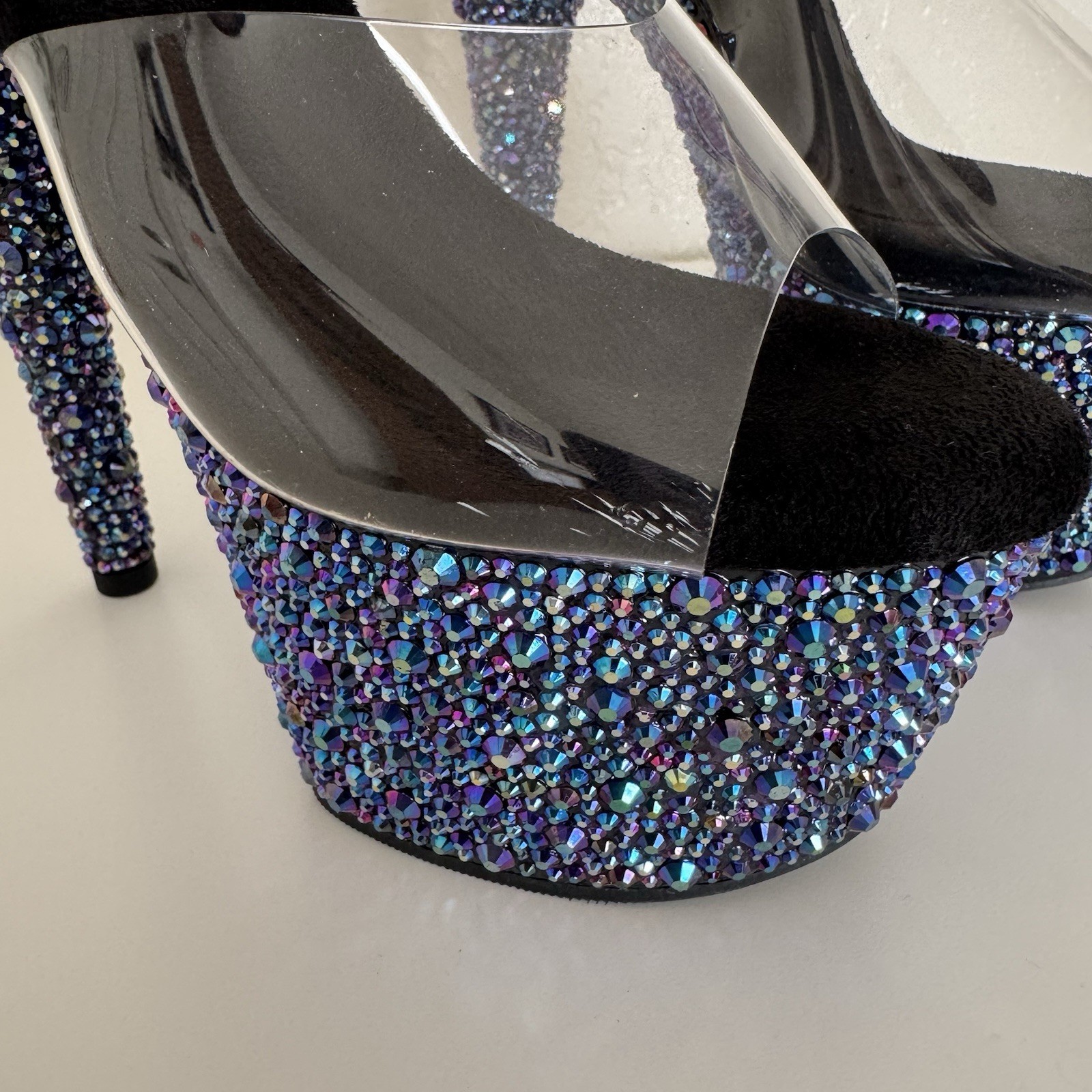 Pleaser Women’s Blue Rhinestone Platform Stiletto Heels Clear Strap 7.5