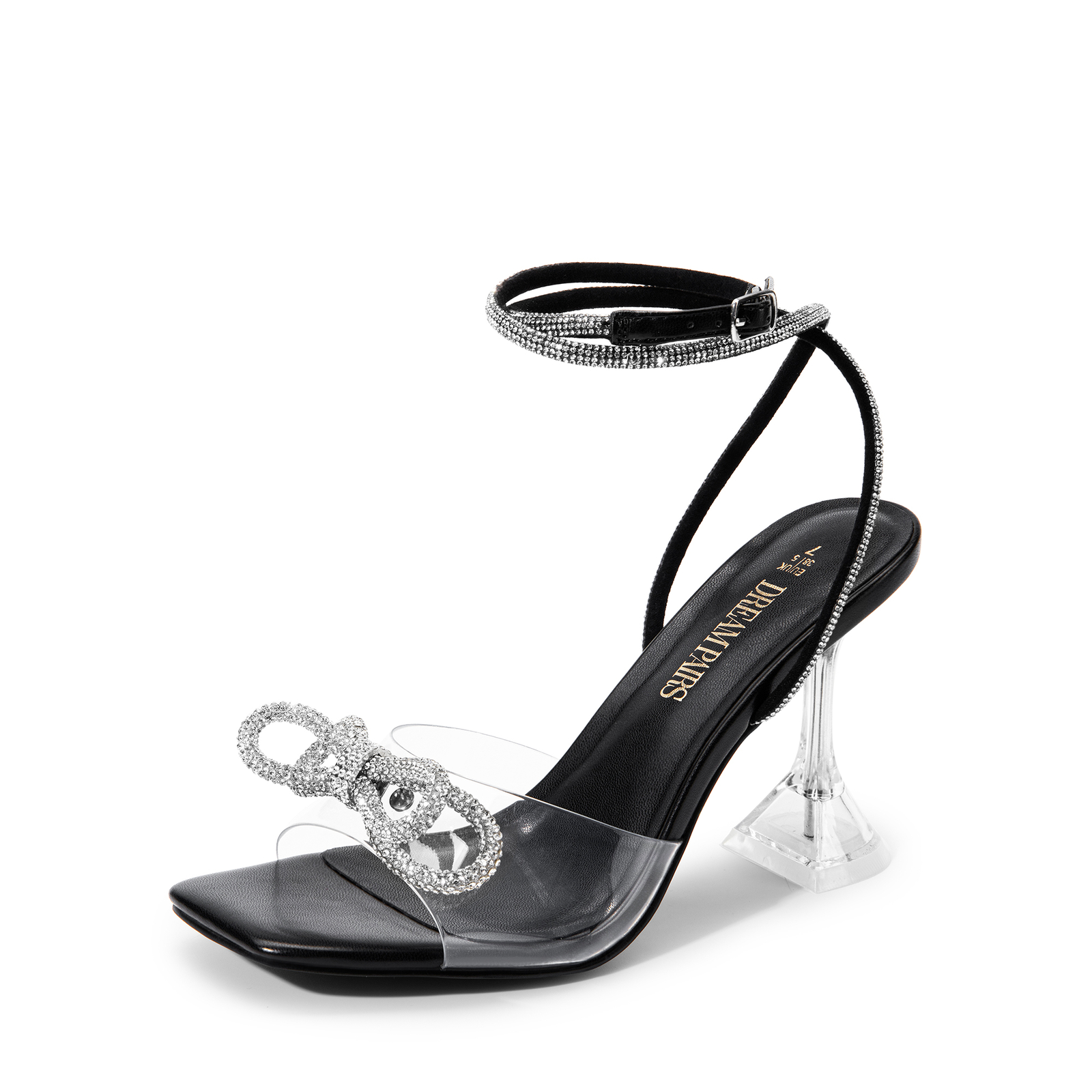 High Heel Sandals Rhinestone Square Toe Clear Crystal for Women Party Wedding