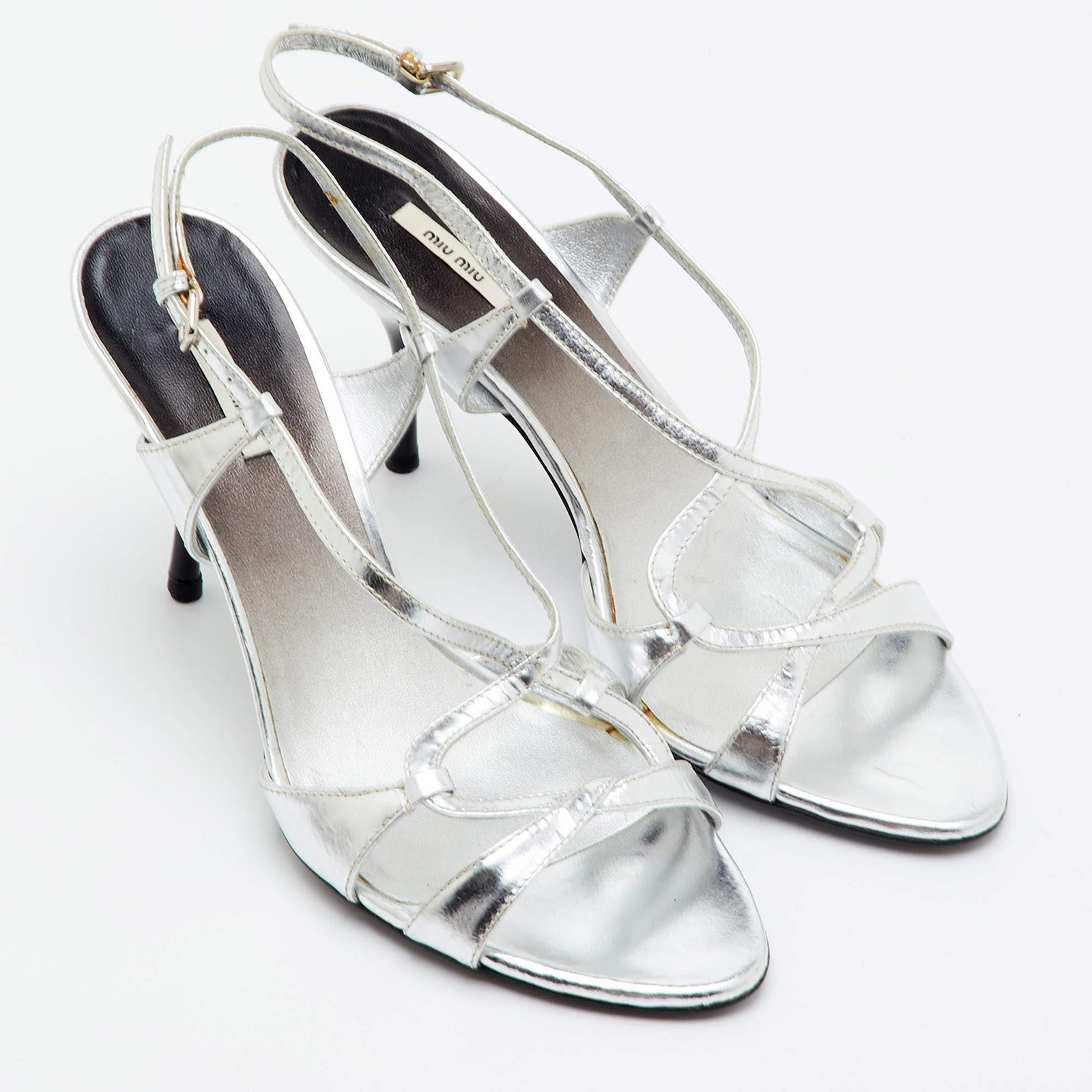 Miu Miu Size 36 Metallic Silver Leather Open Toe Slingback Sandals
