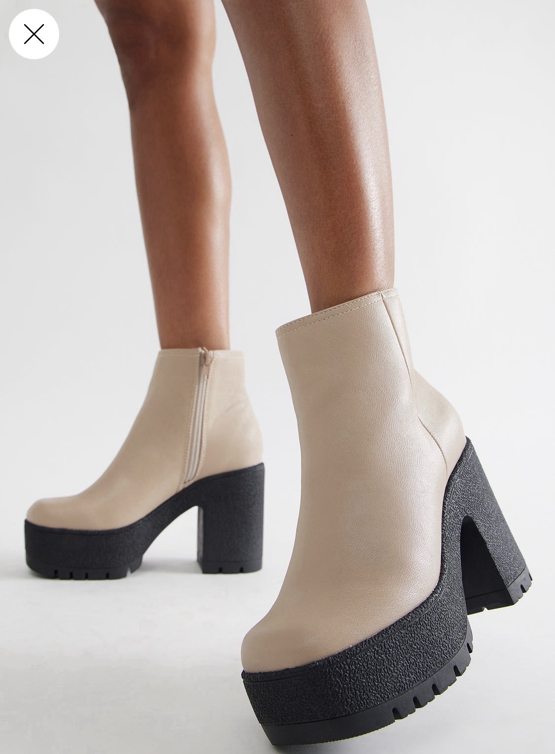 Women’s Leather Ankle Boots Beige/Black Platform Lug Sole Side Zip US 6
