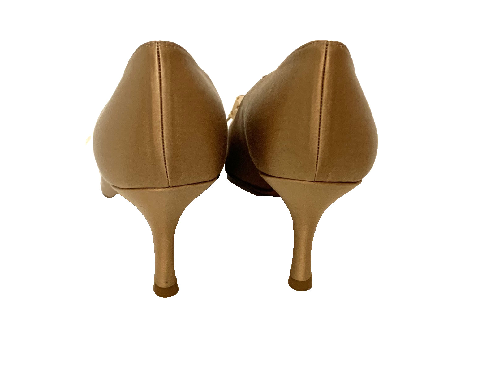 Stuart Weitzman Open Toe Gold Satin Pump With Bow and Rhinestones Size 9.5