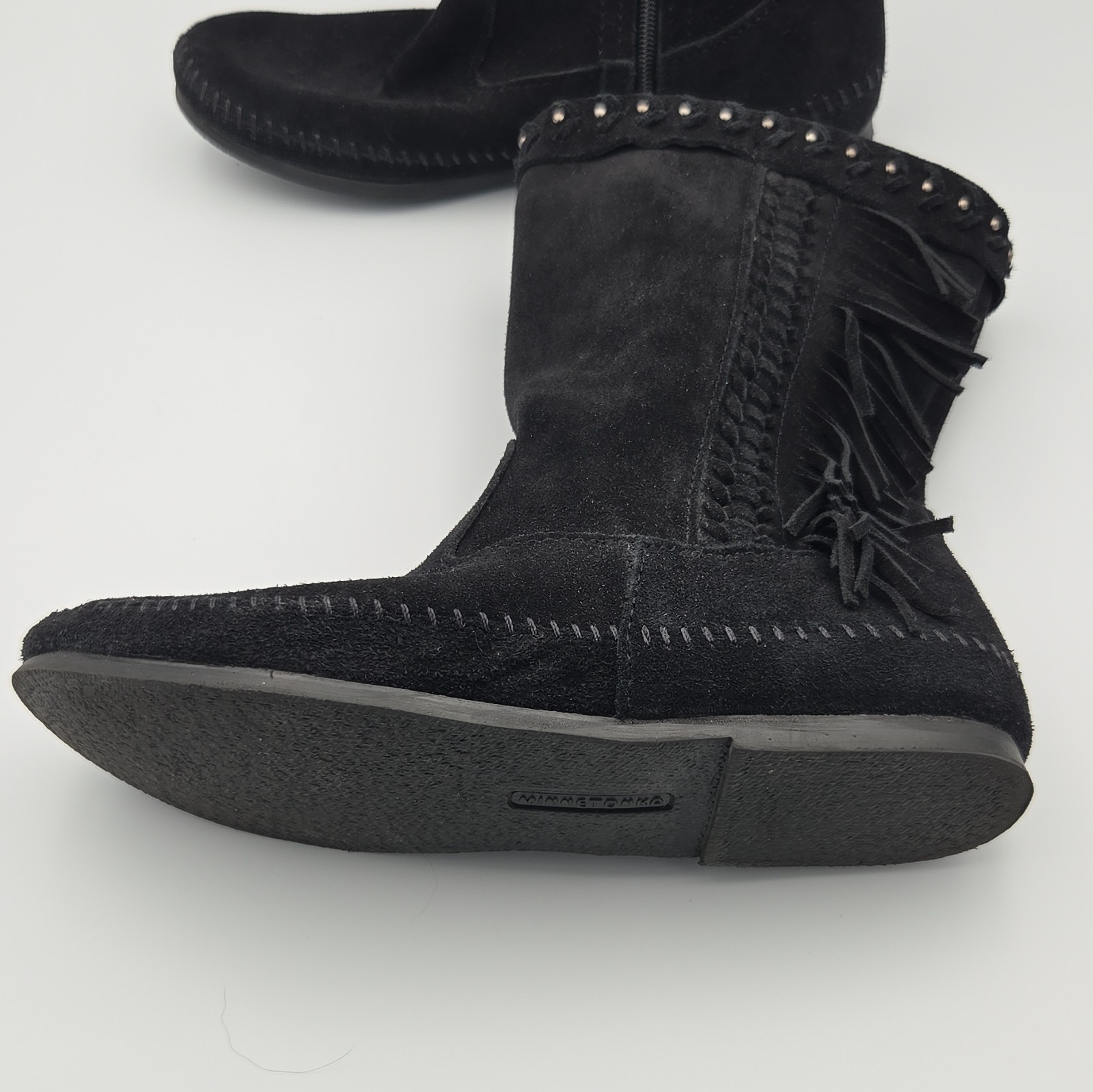 MINNETONKA Moccasin Boots Black Suede Fringe Style 1699 Womens Size 9