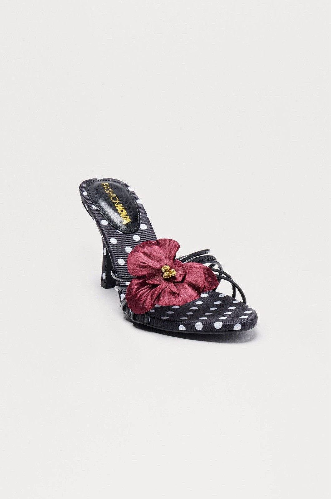 Fashion Nova Polka Dot Flower Accent Stiletto Mule Open Toe Leather Heels 6.5B