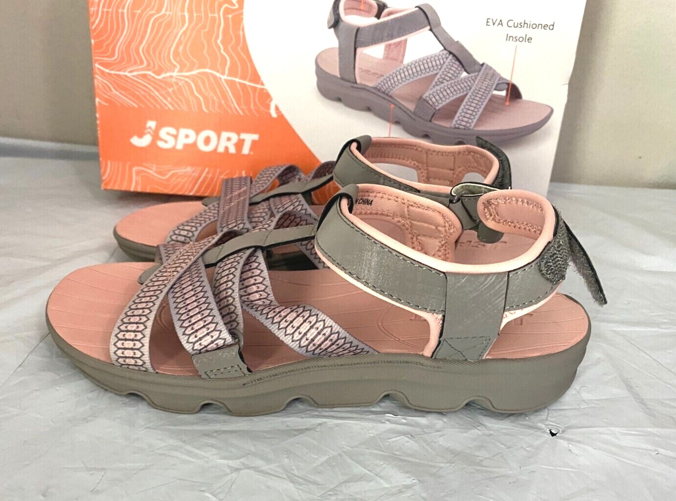 JSport Women’s KAIA Adjustable Strap Sports Sandal – SIZE 7 – Grey/Pink