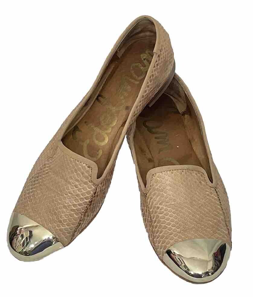 Sam Edelman Flats 7 M Gold Metallic Cap Toe Snakeskin Pattern Slip On