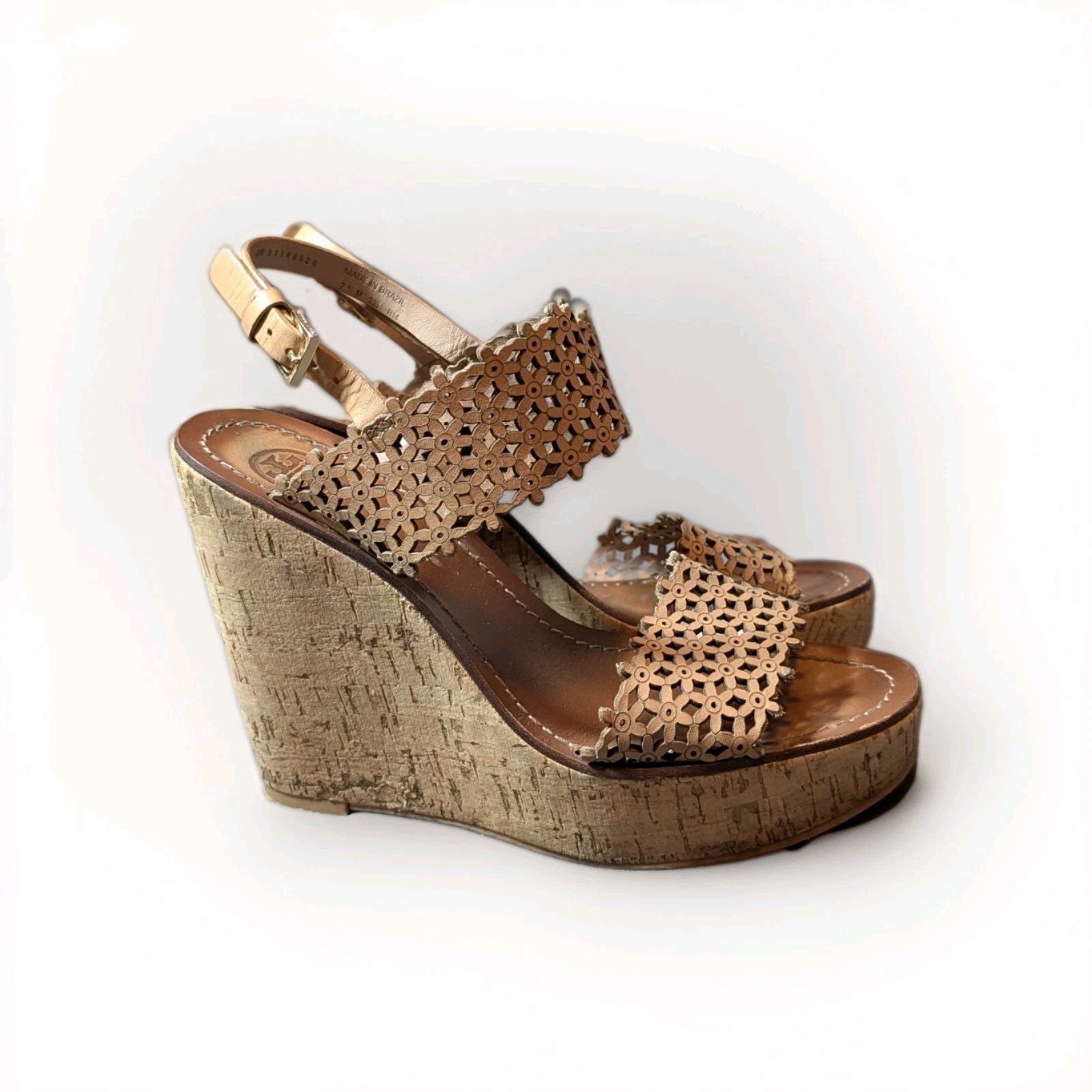 Tory Burch Tan Floral Laser Cut Leather Wedge Ankle Strap Sandals 7.5 M