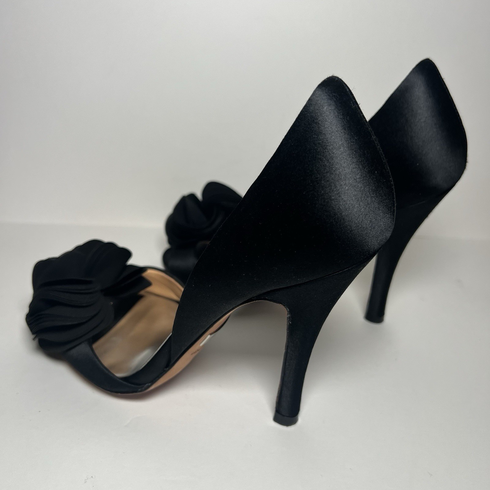 Badgley Mischka Black D’Orsay Peep Toe Satin Stiletto Heels Flower US 6.5/ EU 36