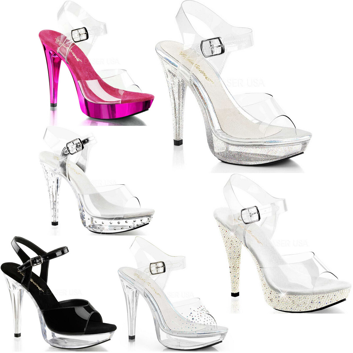 Pleaser Fabulicious Clear Ankle Strap Sandals High Heels Adult Women COCKTAIL50X